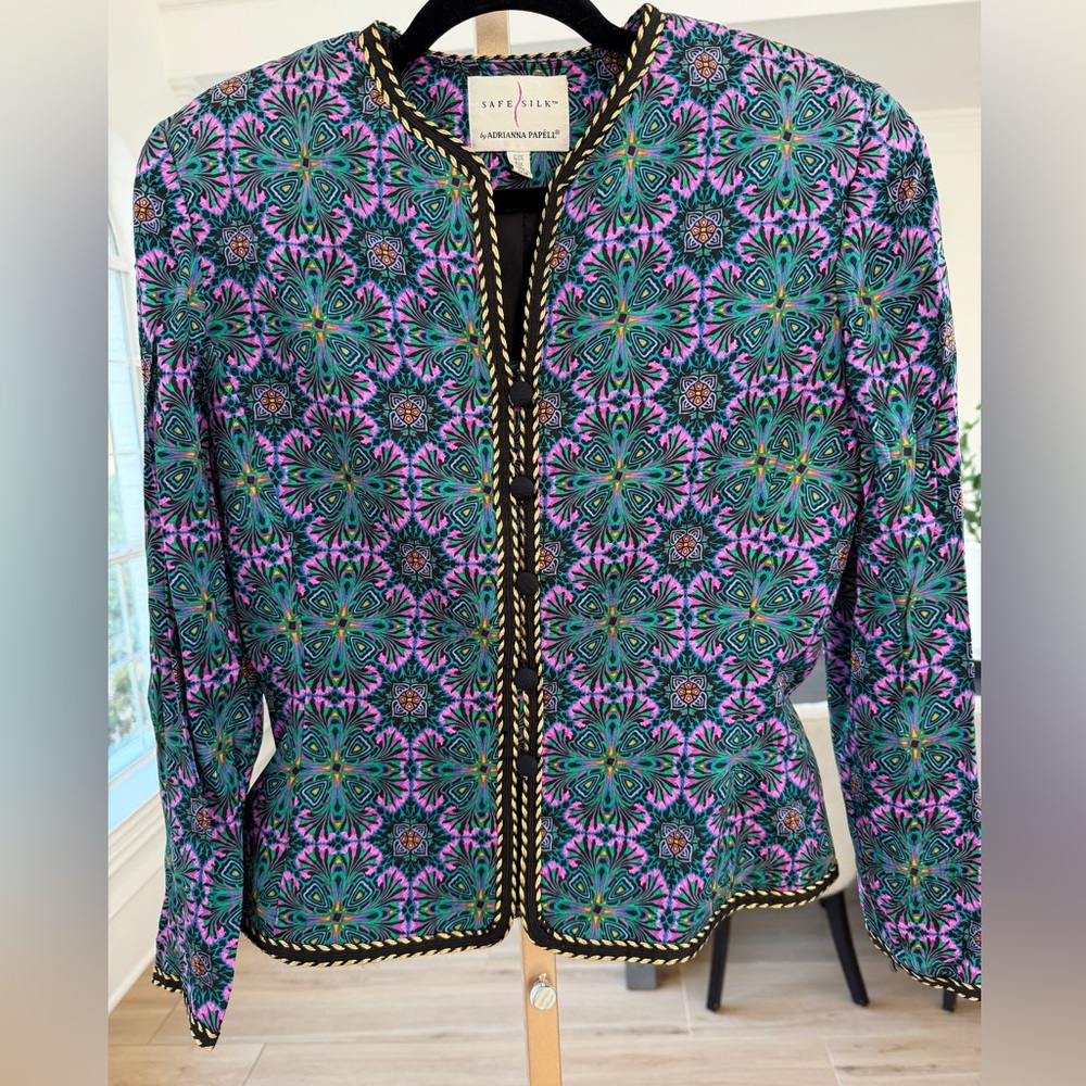 Adrianna Papell Teal & Purple Patterned Mosaic Jacket with Gold Trim
